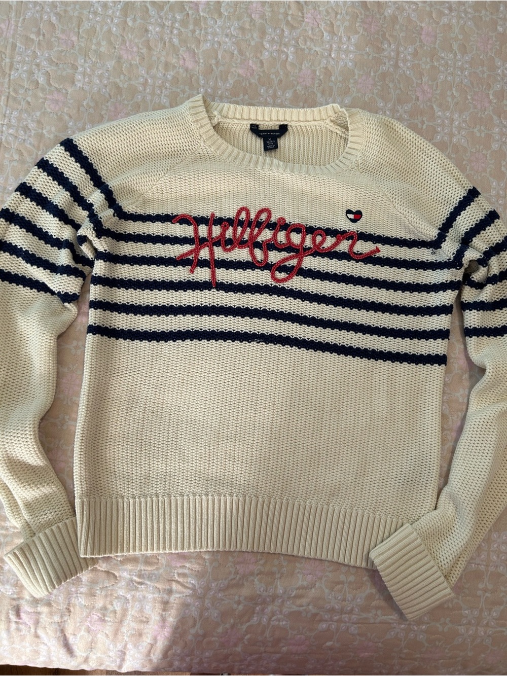 Tommy Hilfiger Cream Sweater with Navy Stripes and Red embroidered Logo